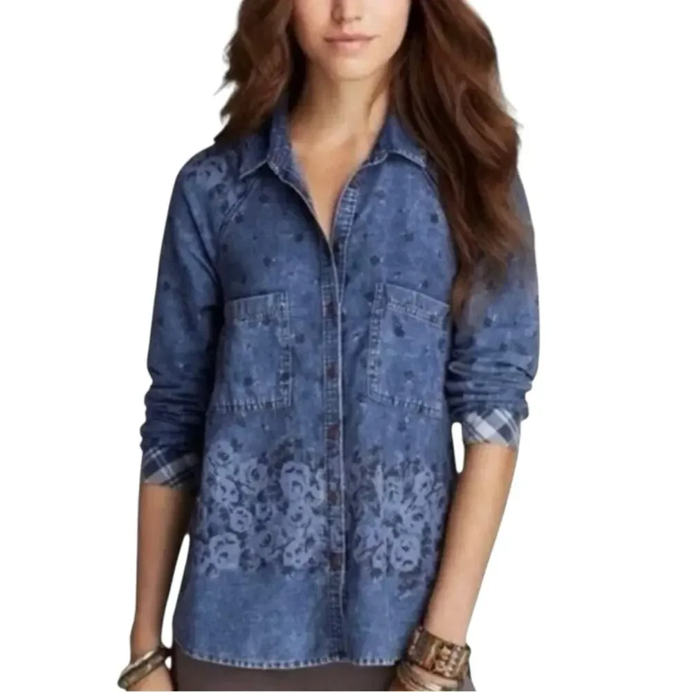Free people Dottie Over You Floral Chambray Denim Plaid Button Front Top Shirt S